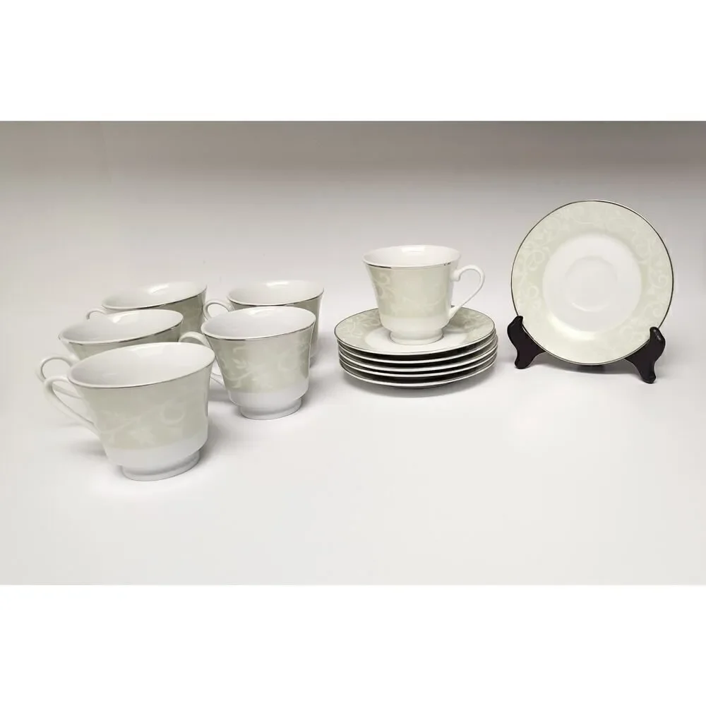 JCPenney Chris Madden Chambour Green White Silver Cup & Saucer/ Platter